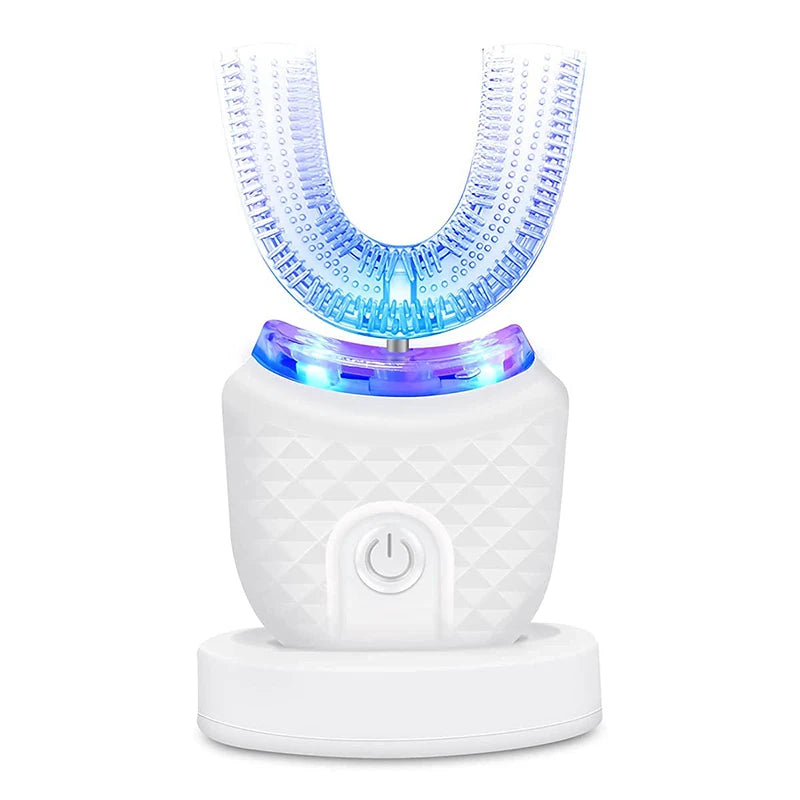 U-shaped sonic toothbrush in white, full-mouth silicone brush head
